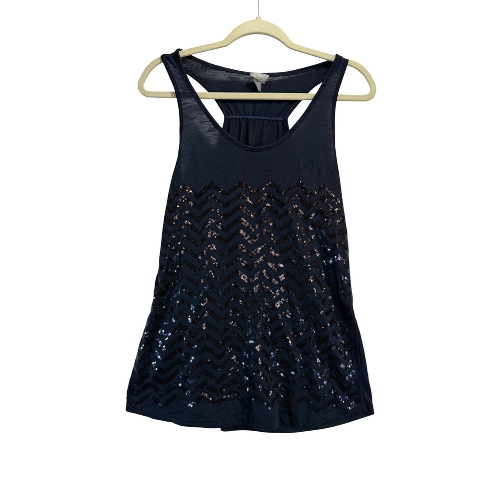 Vanity Essentials Womens Navy Blue Sequin Chevron Racerback Tank Top Size M 1180